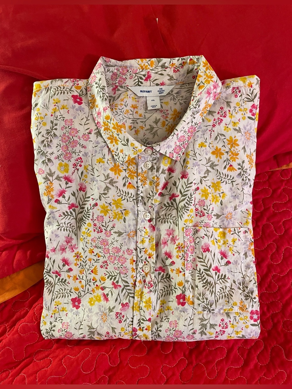 XXL Old Navy White Cotton, Floral Button-Down, Long-sleeved Shirt